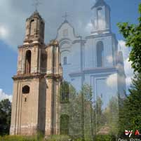 Губiна (Камень). Графiчная рэканструкцыя касцела Св. Антонiя былога францысканскага кляштара. Выгляд на перыяд пачатку XXст. 3D-мадэль, фотамантаж - by А. Nеvar, Арыгiнальнае фота - A. Kuzmin. 2017г.