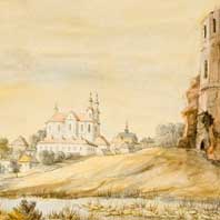 Смаляны. Выява касцёлу Найсвяцейшай Дзевы Марыі былога кляштару дамiнiканцаў на панараме мястэчка з боку замка з акварэлi Напалеона Орды. 1877г. Апублiкавана - форум Глобус Беларусi (fgb.by) Электронны рэсурс - wikipedia.org