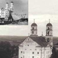 Выява былога дамiнiканскага касцёла ў 1920-30гг. (выгляд з даху цi вежачкi iснуючага касцёла Св. Лаўрына) у параунаннi з выглядам у 1944г. (злева зверху) Электр. рэсурс - wikipedia.org