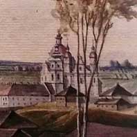 Езуiцкi касцёл Св. Юзафа у Вiцебску. Фрагмент акварэлi Юзафа Пешкi. Пачатак 19ст.