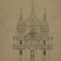 Вiцебск. Галоўны фасад Мiкалаеўскага сабора (былога касцела Св. Юзафа пасля перабудовы 1842г.). Архiтэктар М.М.Чагiн, 1870-я гг. Апублiкавана - Альбом чарцяжоу з архiву РДГА (Ф. 1293. Оп. 166. Витебская губ. Д. 77). Электронны рэсурс - https://be-tarask.wikipedia.org